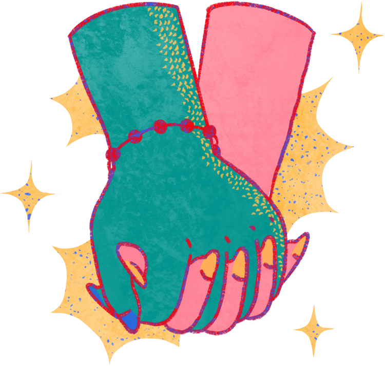 Vibrant Quirky Handdrawn Women Holding Hands